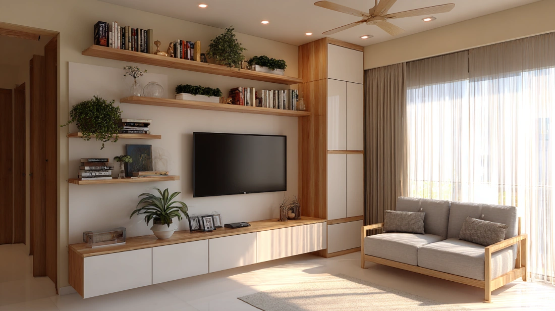 Living room featuring extensive vertical wall shelving