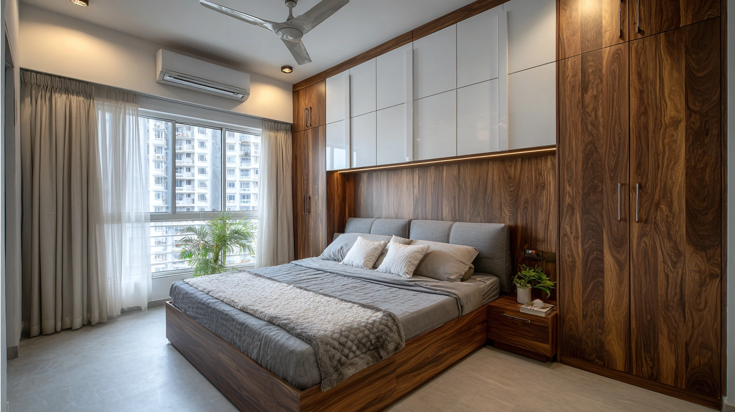 Floor to ceiling bedroom wardrobe featuring mirror panels