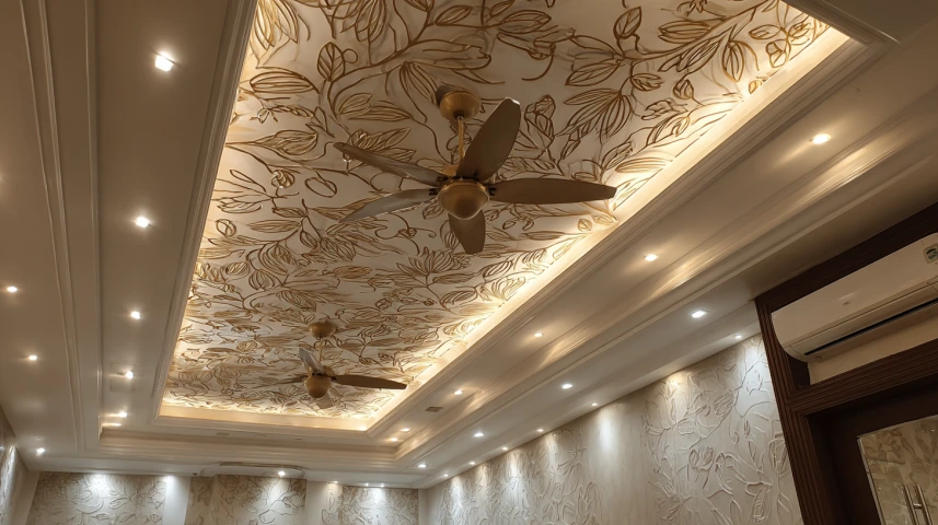 floral box pop layout featured in a modern two fan ceiling design