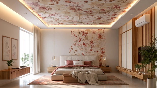 Soft floral wallpaper design on a modern bedroom ceiling