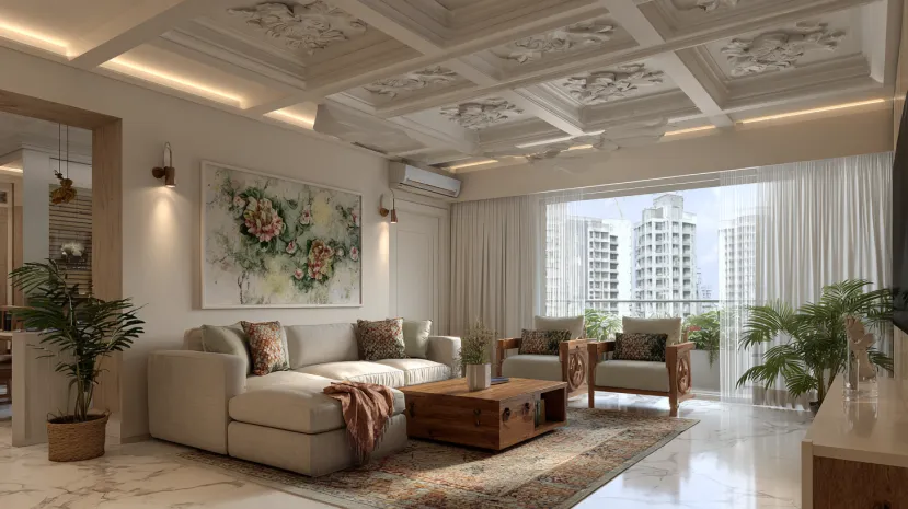 Victorian style floral plaster mouldings on a coffered ceiling