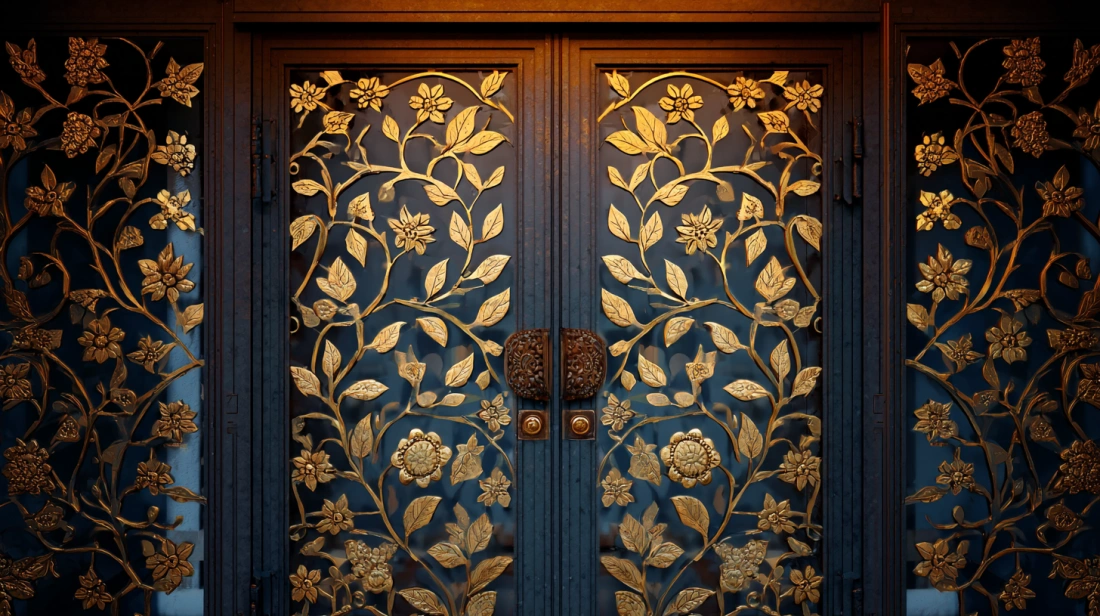 Intricate iron gate featuring delicate hand-forged floral and leaf motifs
