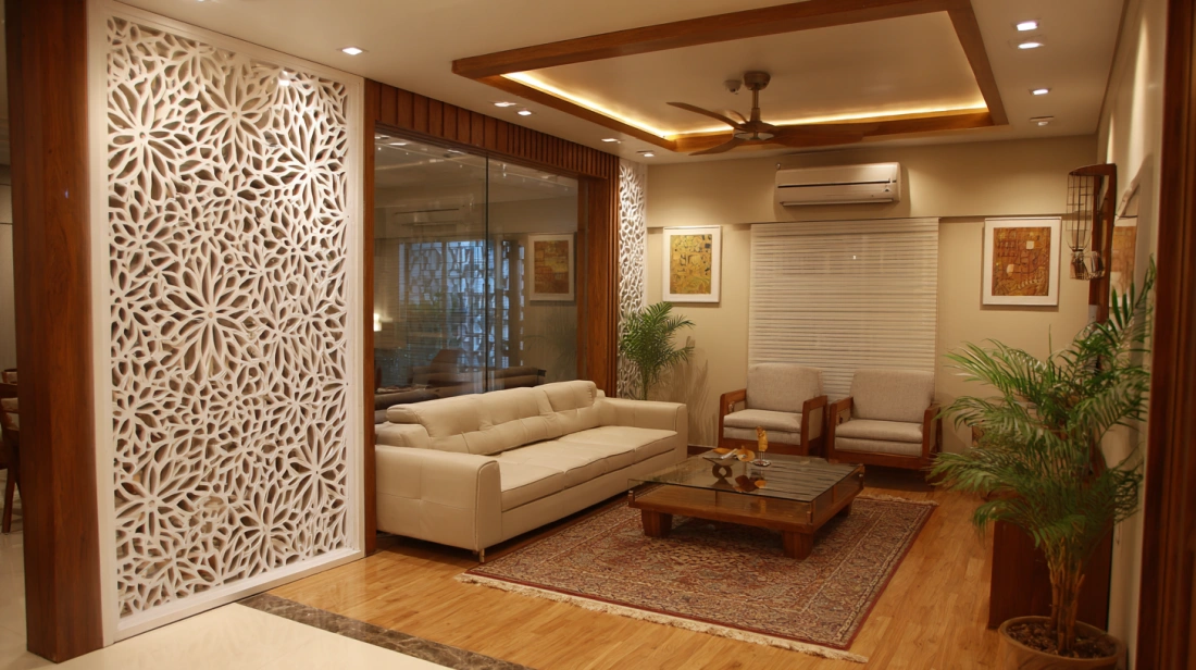 White floral patterned divider separating dining space