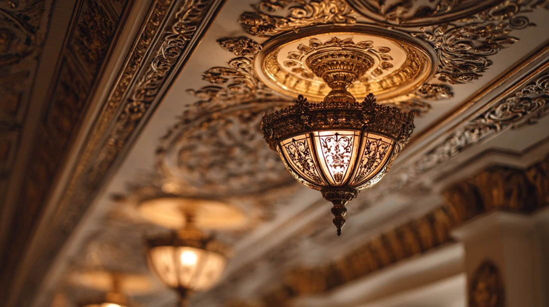 Exquisite floral POP molding surrounding a central crystal chandelier