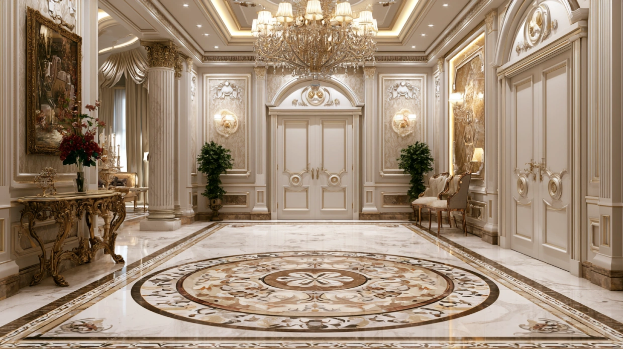 Floral marble medallion in foyer flooring