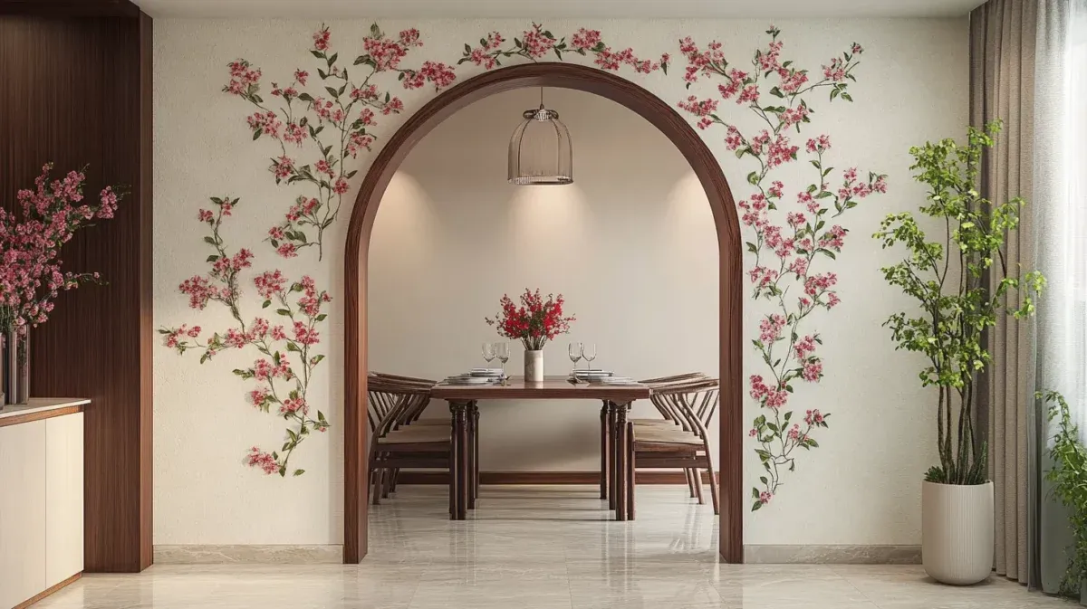 Wooden dining room arch decorated with pink floral vine wall art