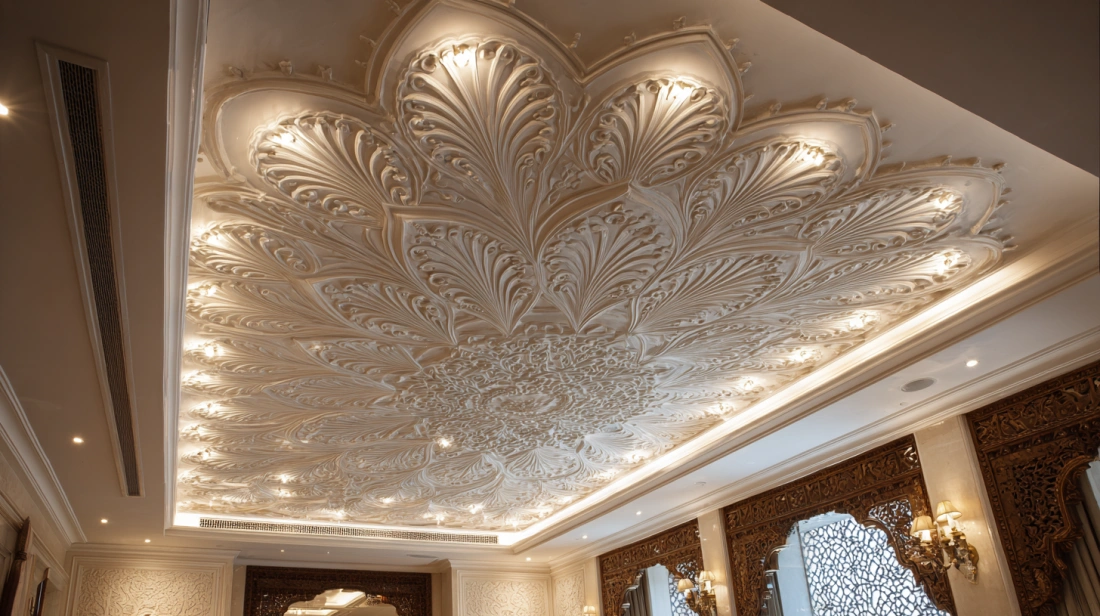 Detailed repeating floral motifs across a drawing room ceiling