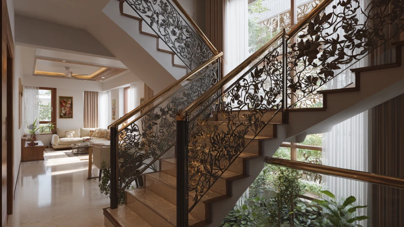 floral pattern featured in elegant stair railing design