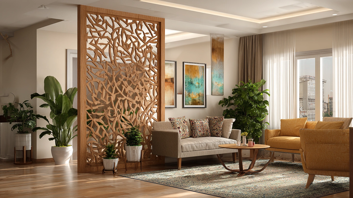 Organic branch patterned partition stands near sofa