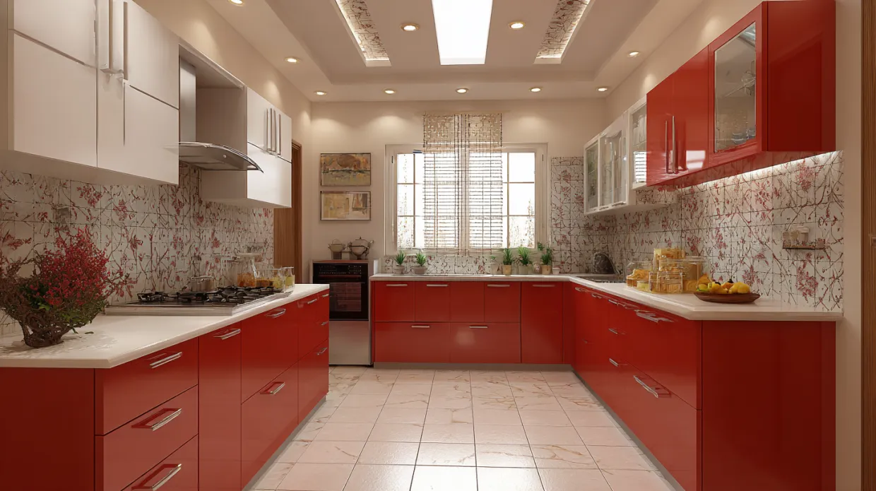 floral-themed Indian modular kitchen with patterned cabinets and vibrant décor