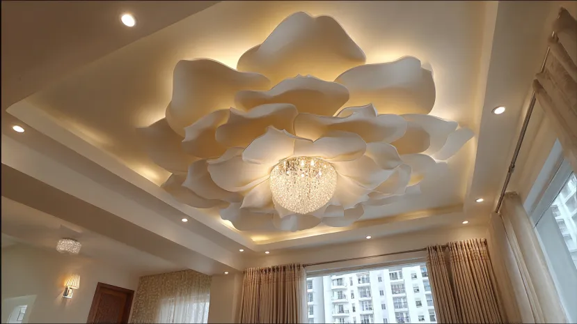 Large 3D rose petal POP ceiling centrepiece with chandelier