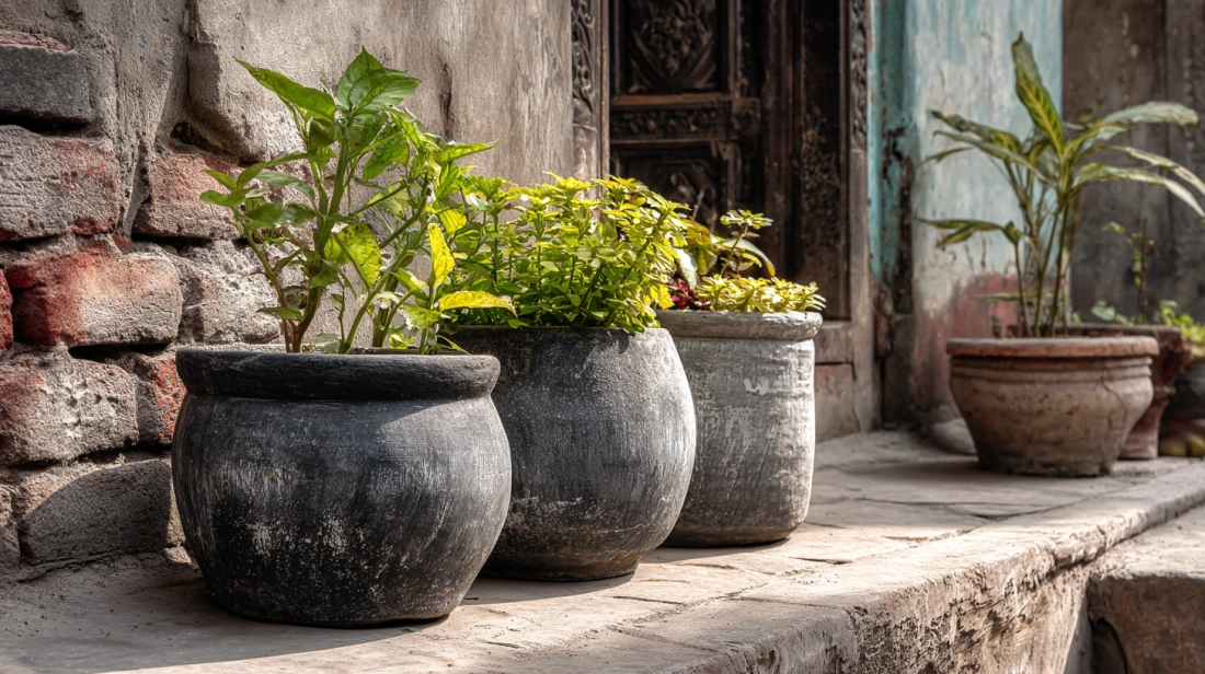 Chalk painted pots placed near small house entrance