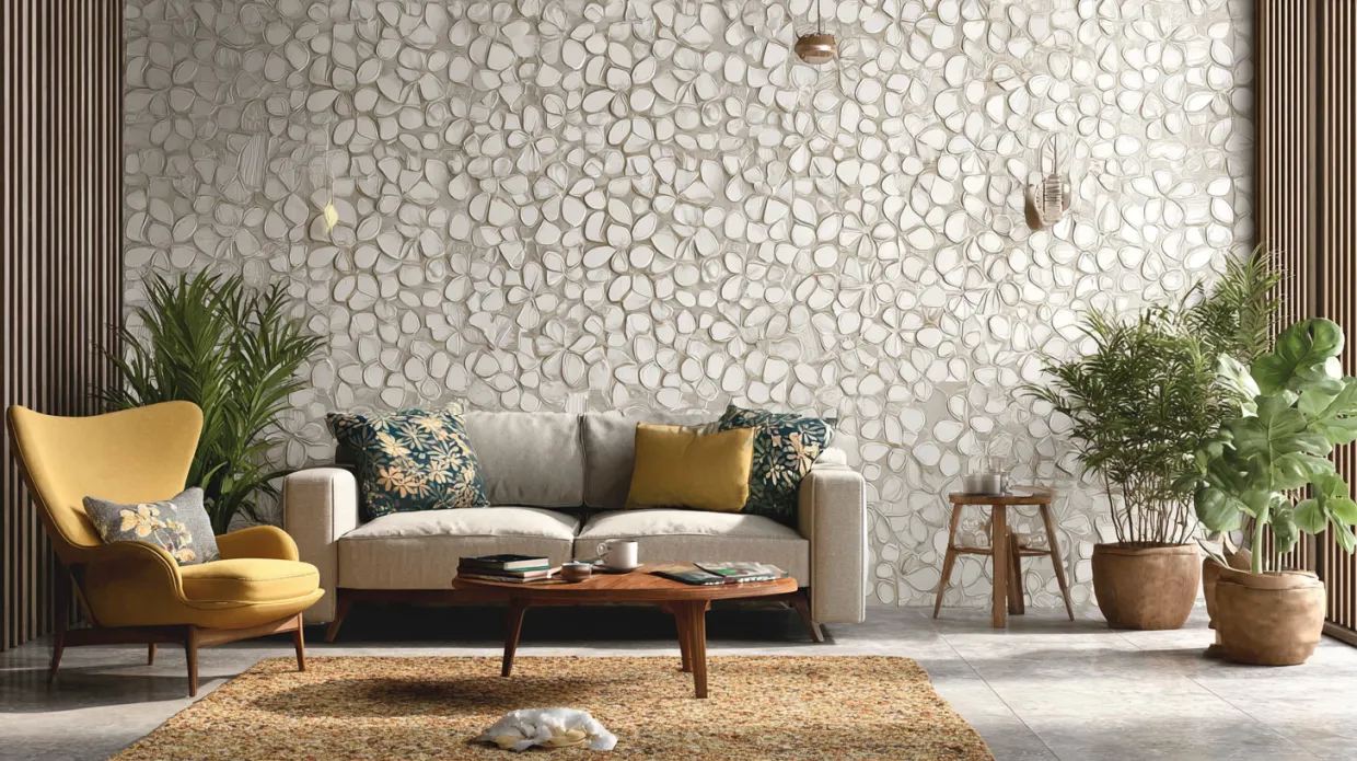 flower-shaped white and coloured tiles for decorative walls and floors, adding charm to modern and vintage interiors