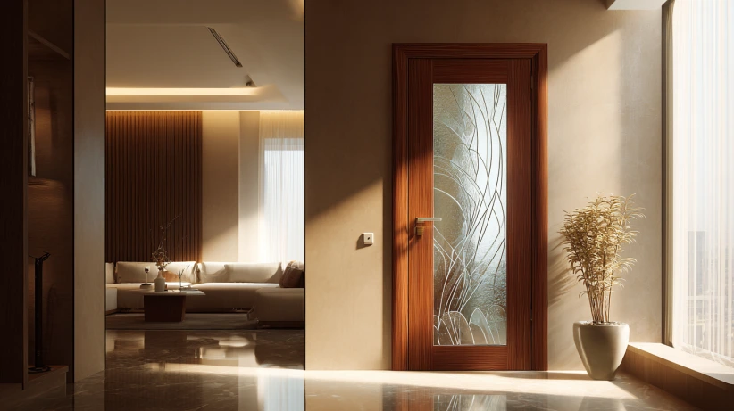designer glass panel featured in modern flush door designs