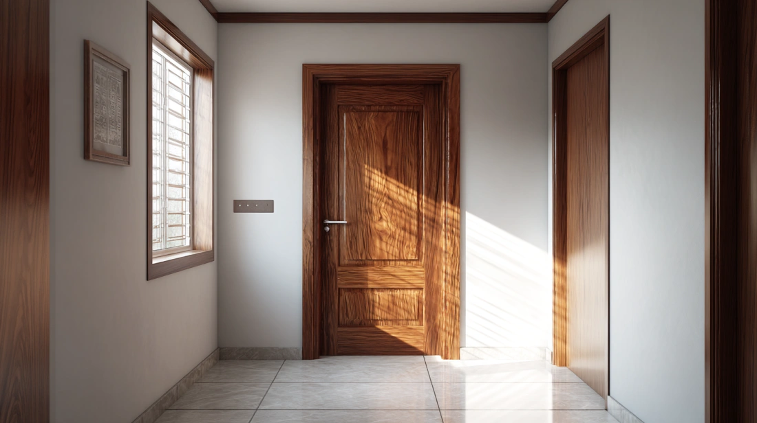 Seamless flush veneer door in Indian flat interior