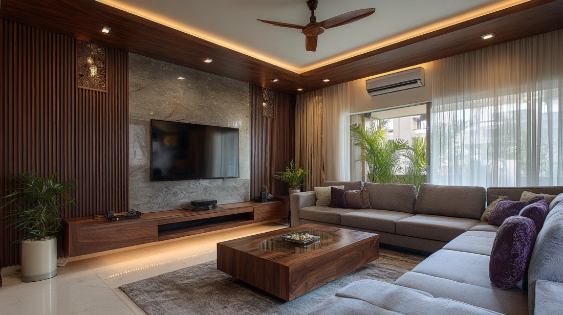 Trendy living room wall featuring fluted wall panels