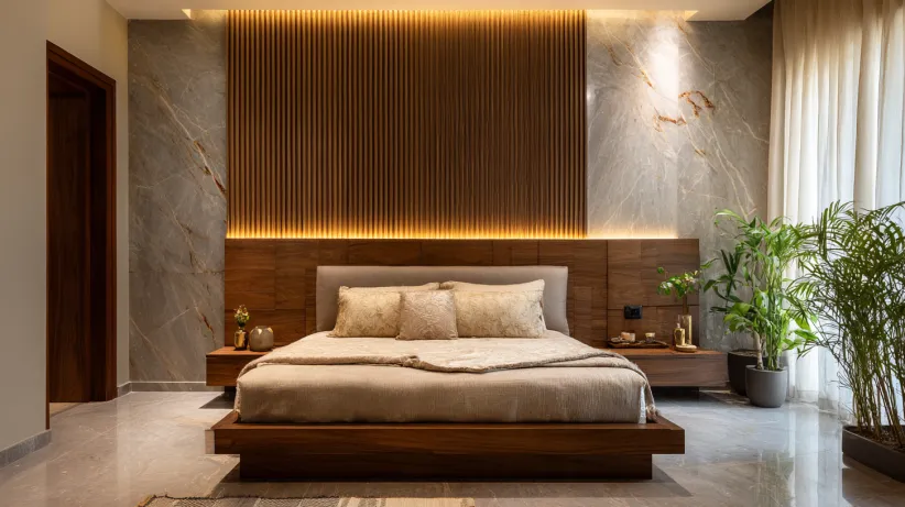 Vertical fluted wood panel bed back with warm bottom LED glow