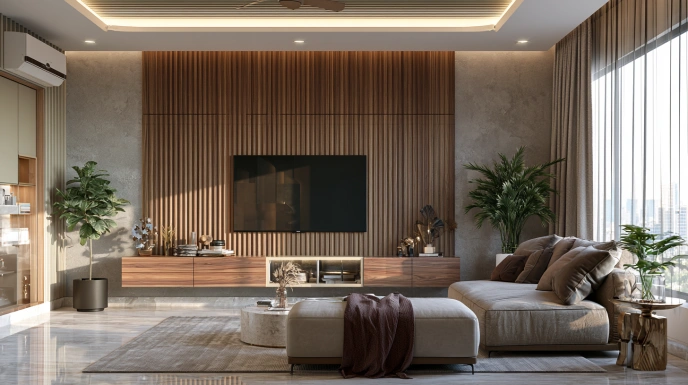 Fluted panel TV wall in a modern Indian living room