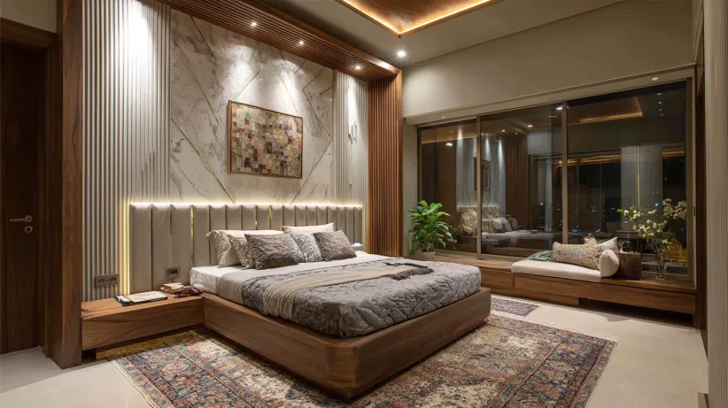 Fluted wall panels with LED groove lighting for bed back design