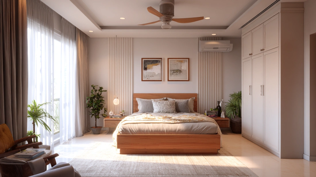 Ribbed white panel details behind bed headboard