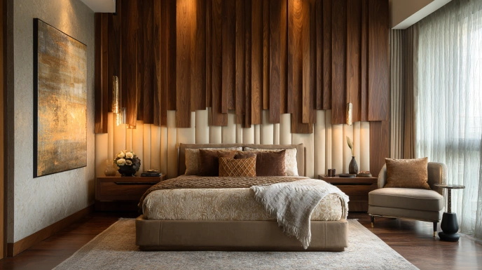 Fluted wood panel headboard wall