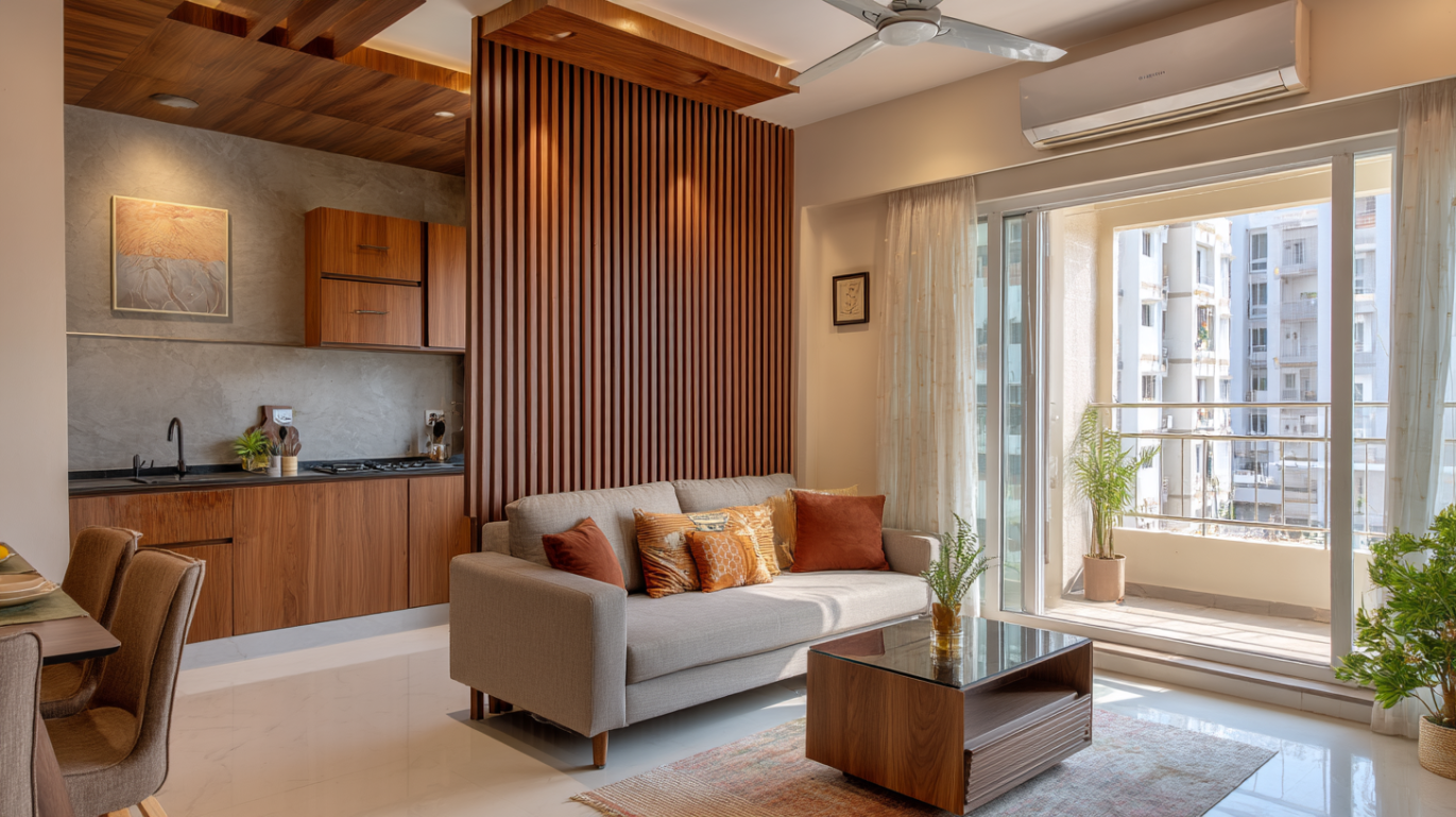 Fluted wood partition in modern open kitchen