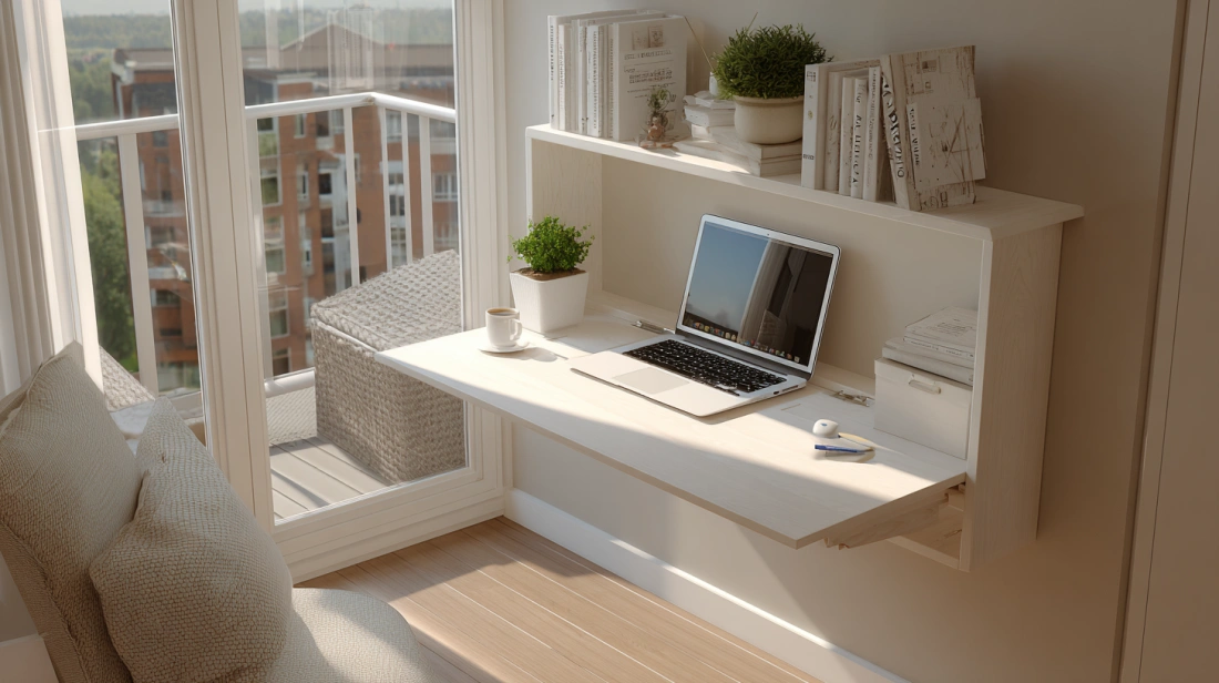 Foldable wall-mounted table used as computer desk