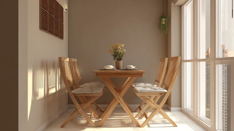 Wooden folding table and chairs set in a bright sunlit nook.