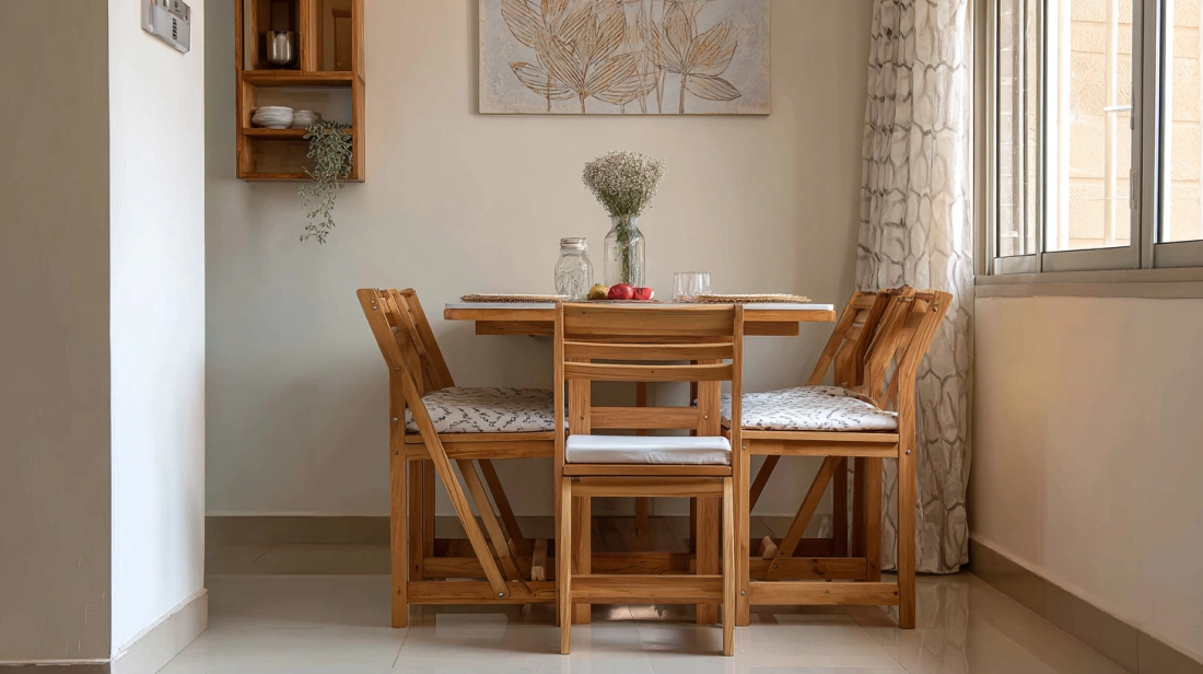Foldable chairs tucked beside dining table