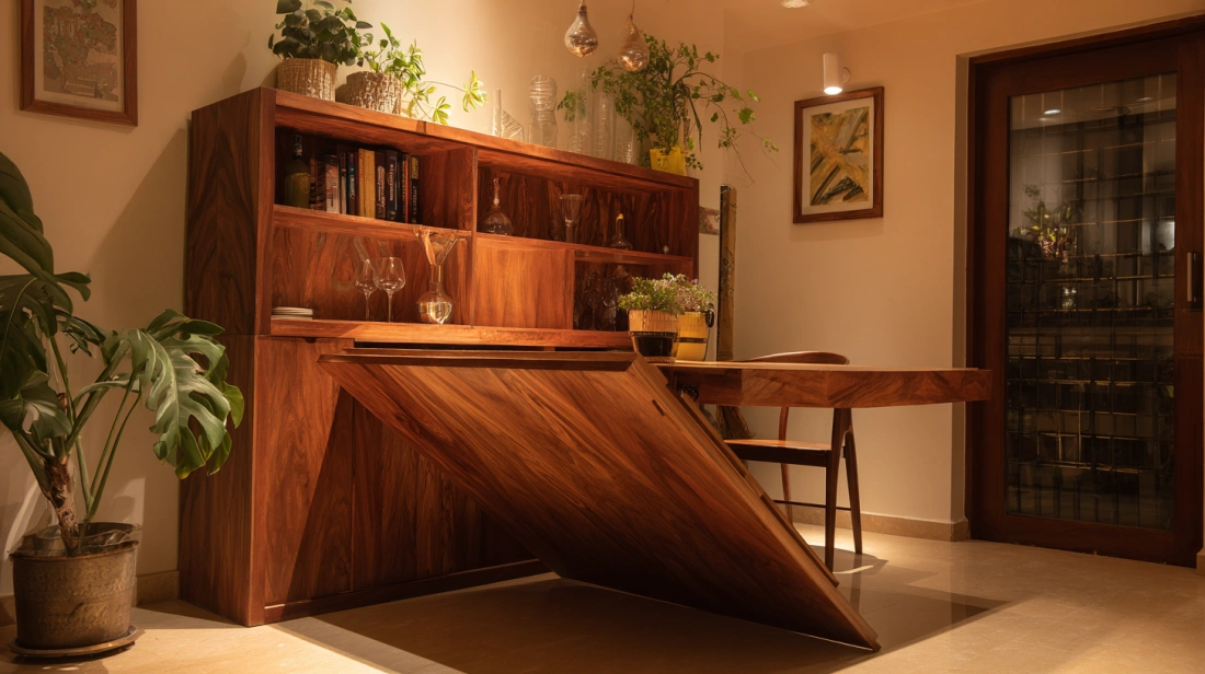 Folding dining table with visible storage shelves