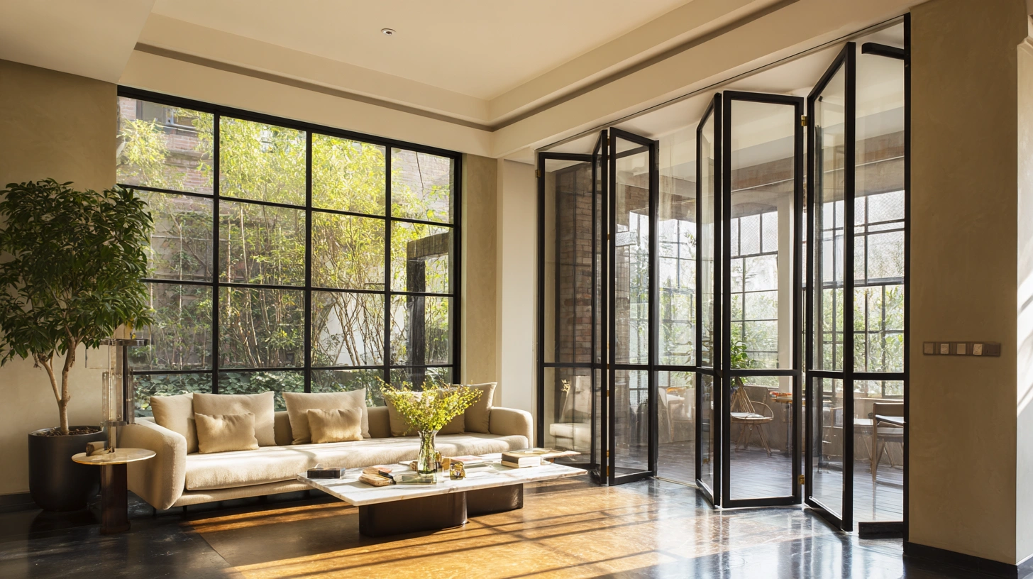 Folding glass doors with slim black metal frames divider