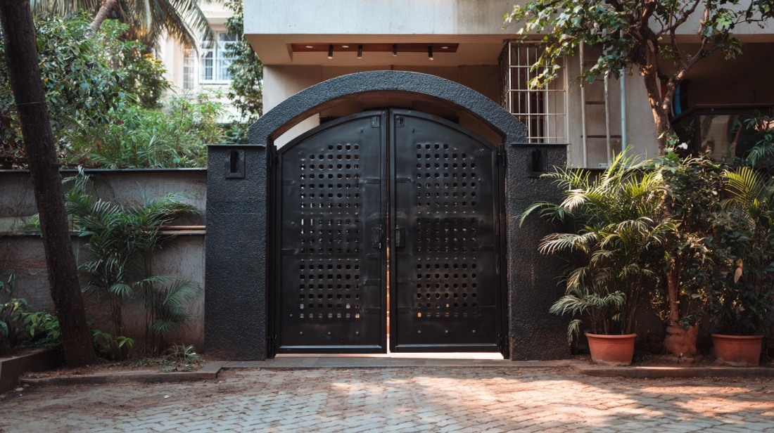 A tall garden gate made of folding vertical wooden panels