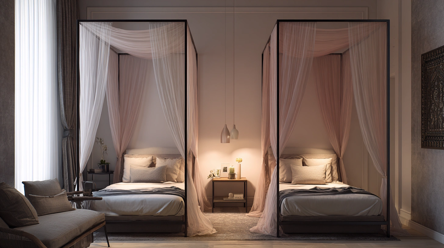 Slim four poster twin beds in small room