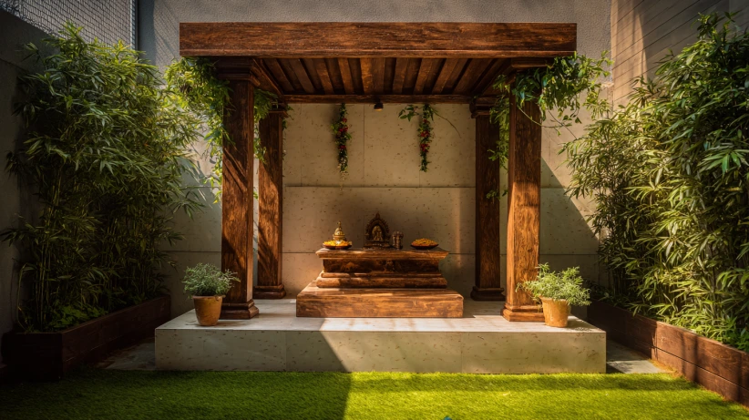 framed outdoor wooden mandir styled in pooja mandir designs for home