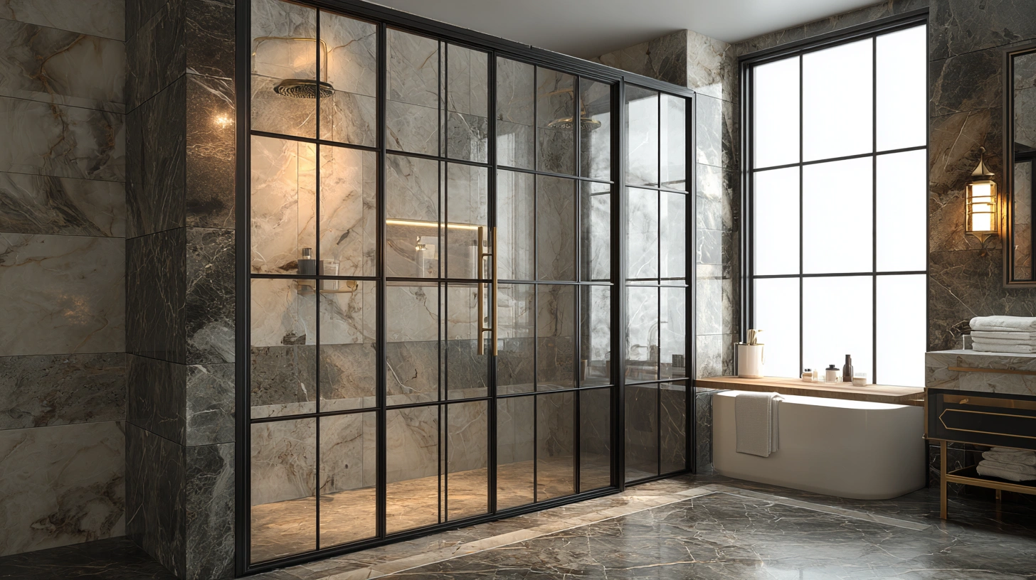 Industrial black-framed glass wall dividing the bathroom