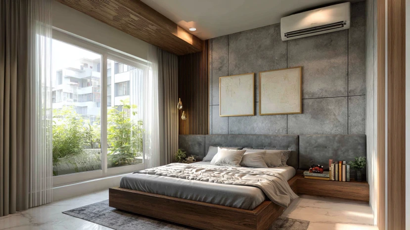 framed modern window grill design for a clean bedroom look