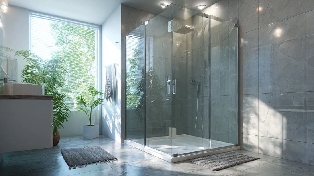 Minimalist frameless glass panel for an open shower