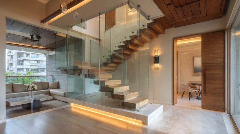 frameless glass panels featured in modern stair railing design