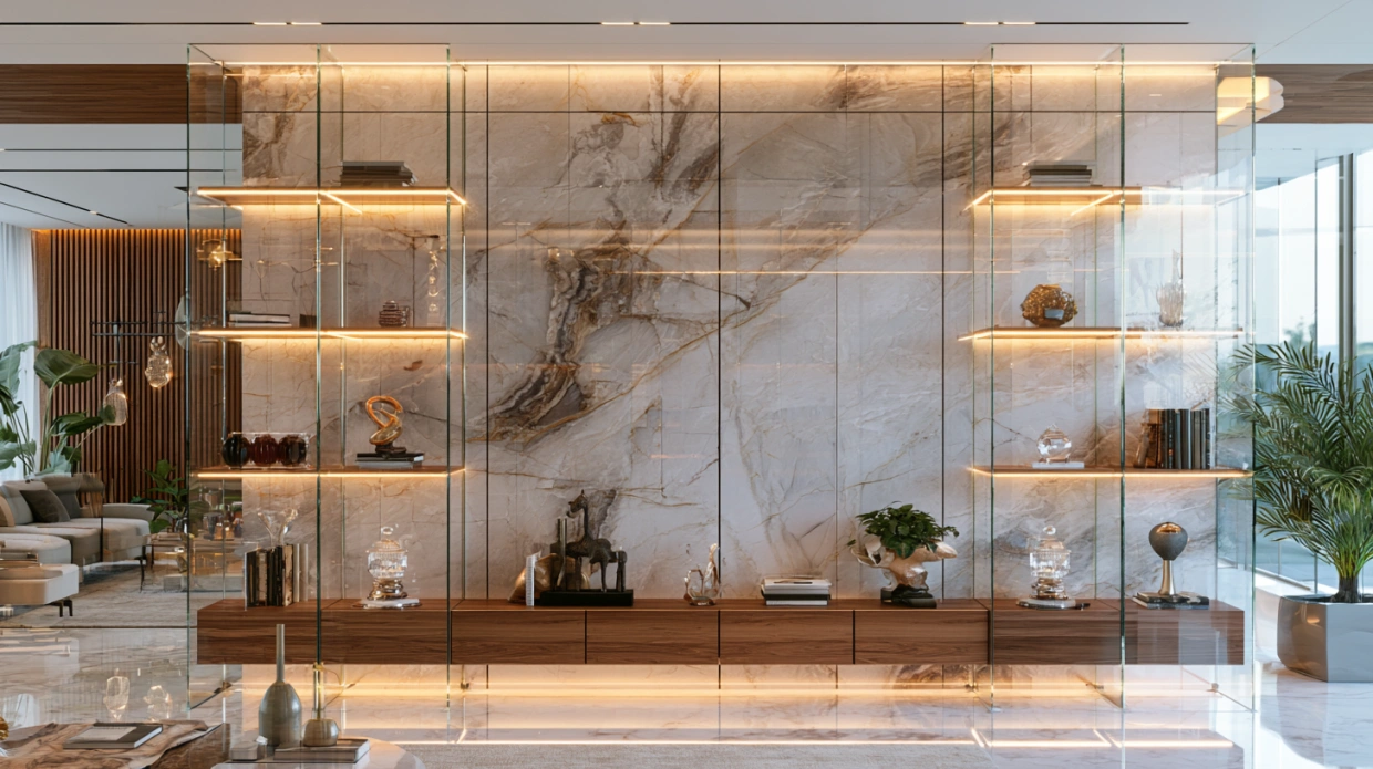 Frameless glass showcase for hall