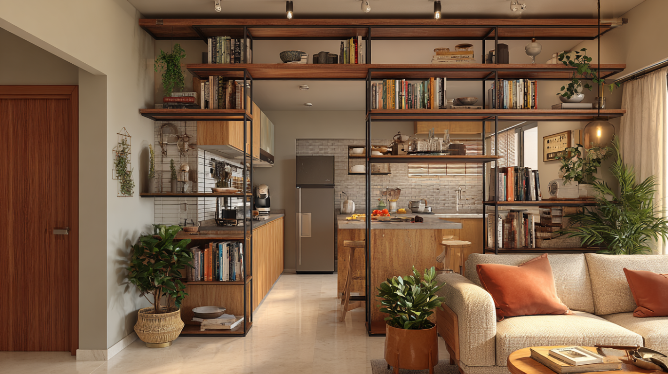 Modular shelving partition between kitchen and lounge