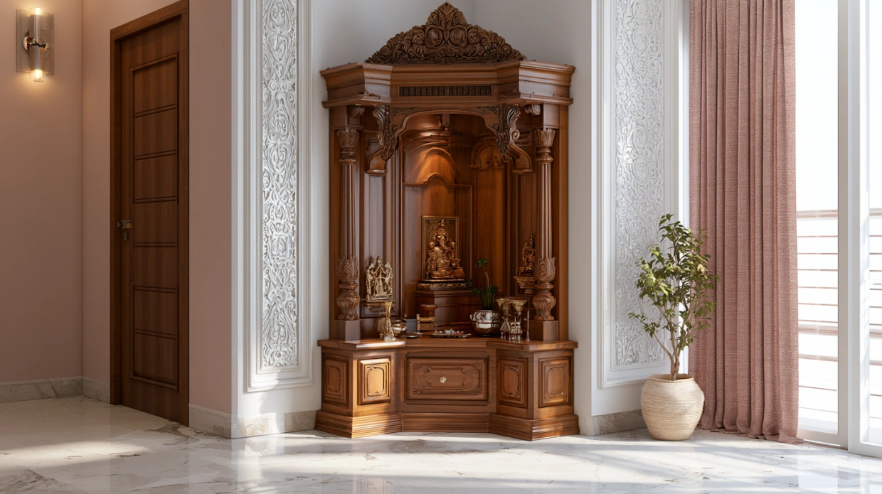 Portable wooden corner pooja mandir for apartments