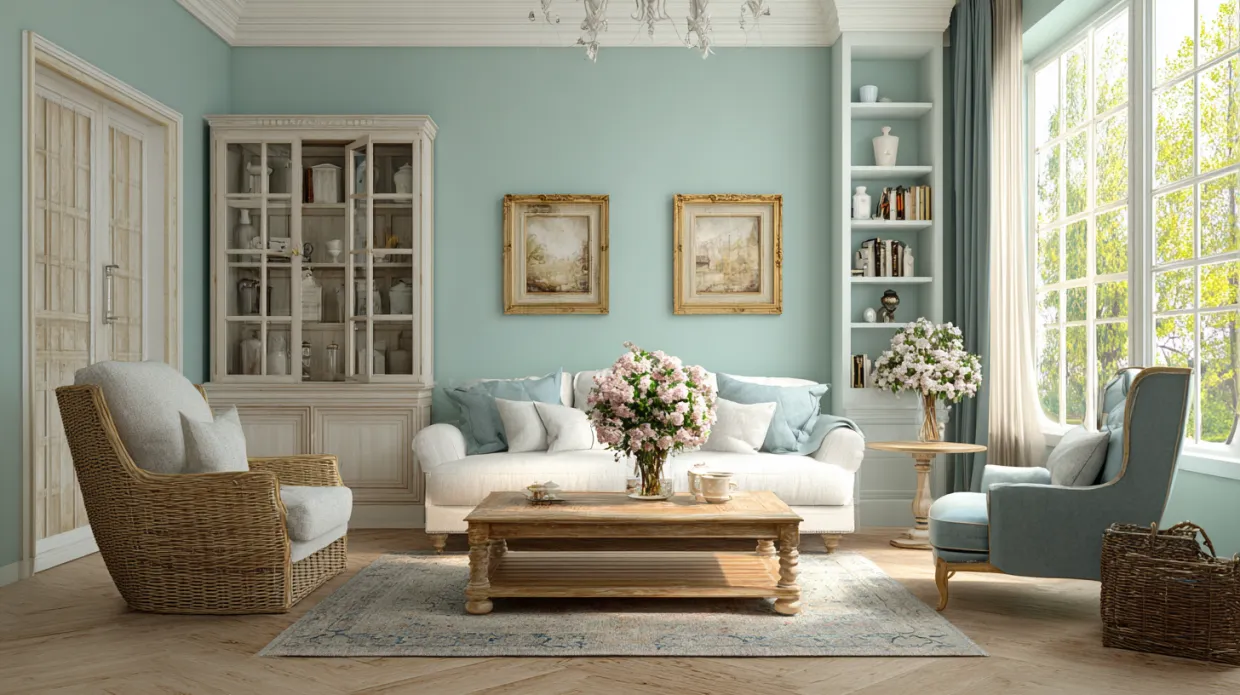 elegant living room with pastel blue walls, white sofa, wicker chair, and floral decor