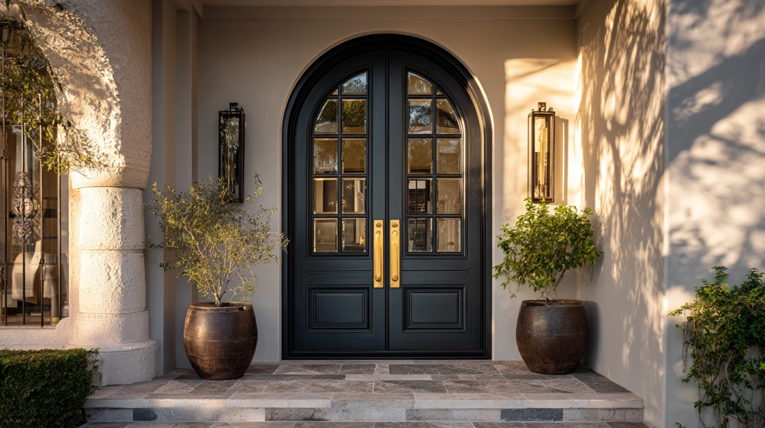 Black arched double doors with gold handles and glass panes