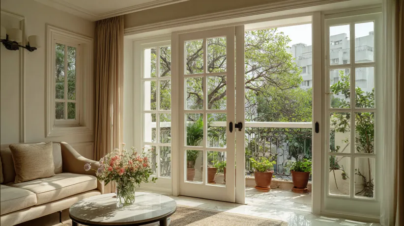 White French windows opening onto a balcony with potted plants and green trees.