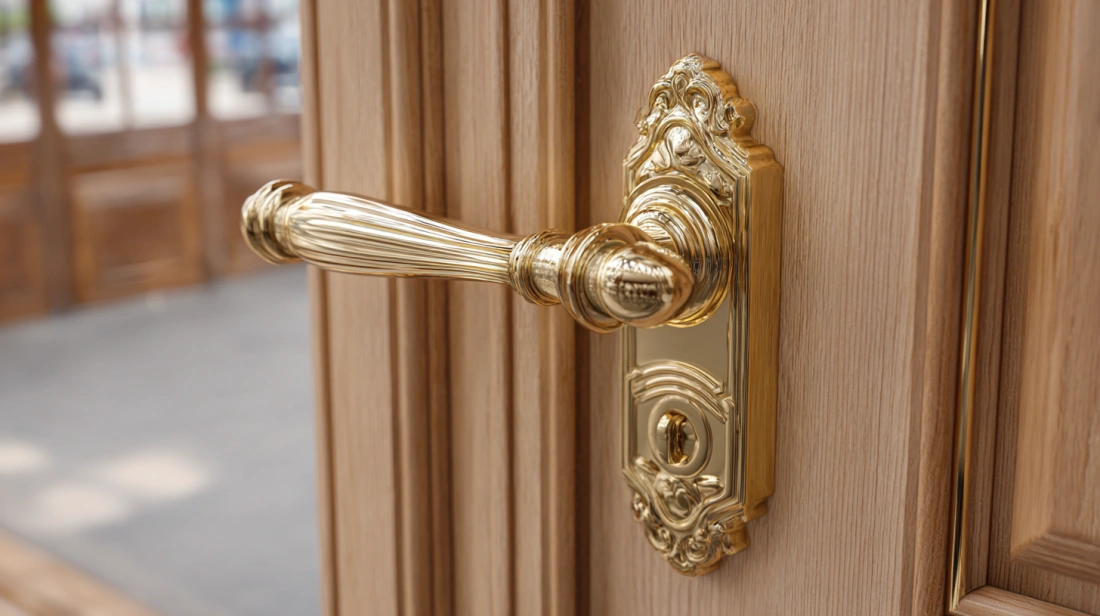Gold handle on decorative front door