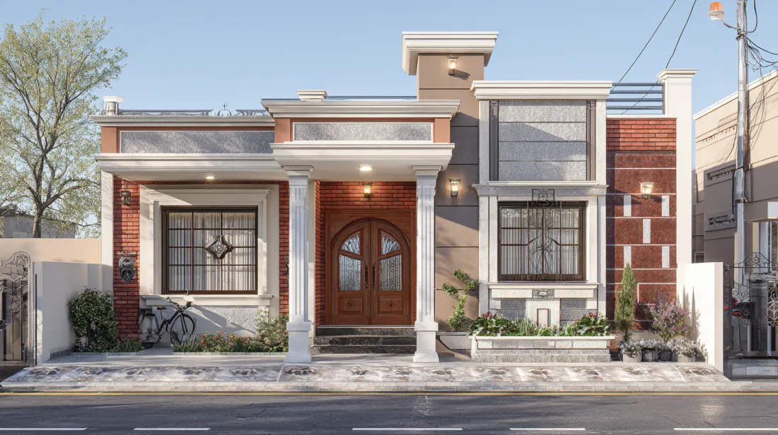 Modern single-story house with red brick and marble front elevation