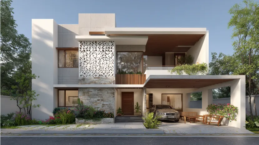 Double storey house with stone and wood first floor