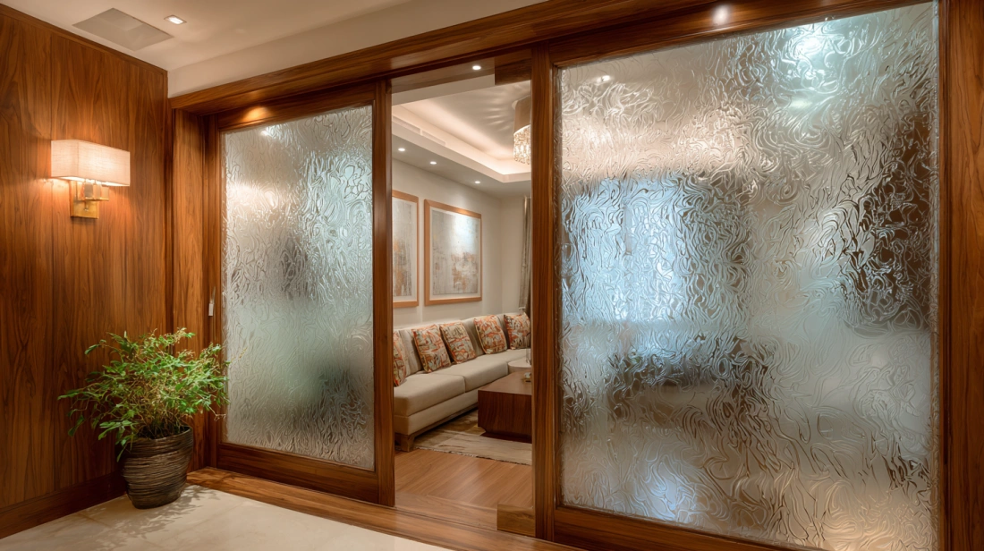 Frosted etched glass door with wood frame for privacy