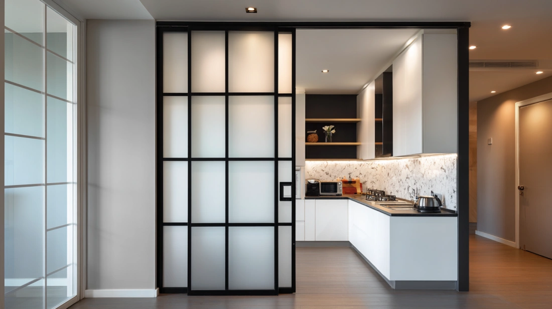 Minimalist wood door with a large frosted glass center