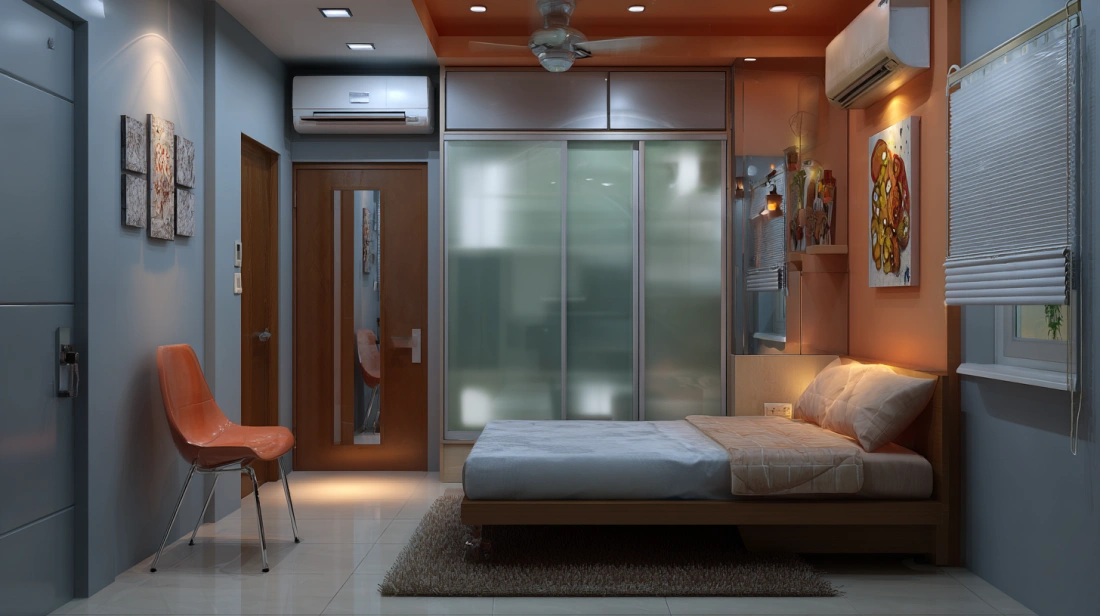 Frosted glass partition in small Indian bedroom for privacy